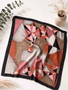 ELAINE GOLD Made in Italy Abstract Geometric Square Scarf in Pink, Rust & Brown